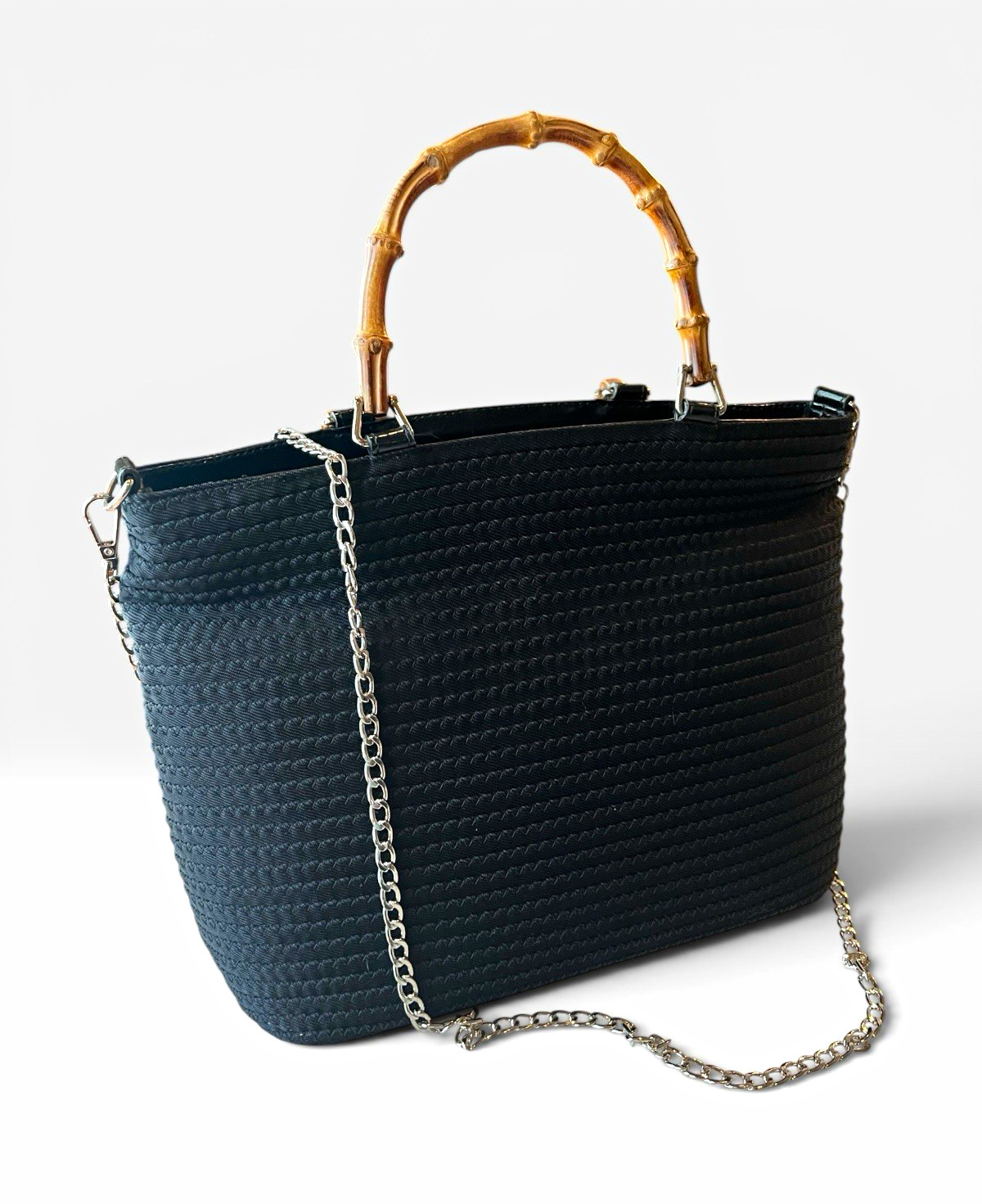 Gucci Black Tote, Bamboo Top Handle, Silver Chain Strap, Zip, Entrupy COA