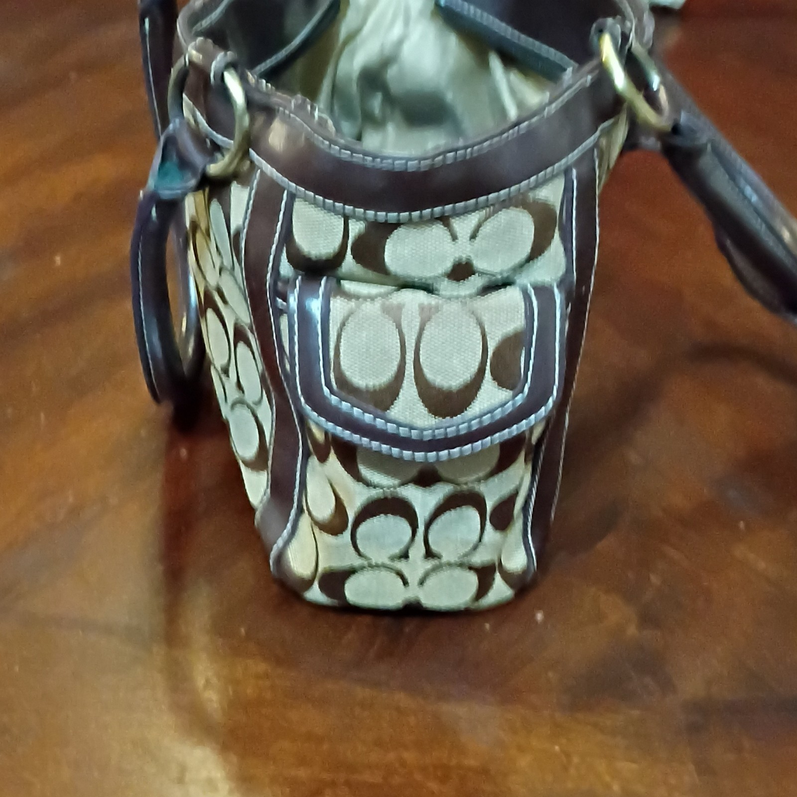 Coach Signature Monogram Satchel Top Handle Bag Brown/Beige Medium Zip