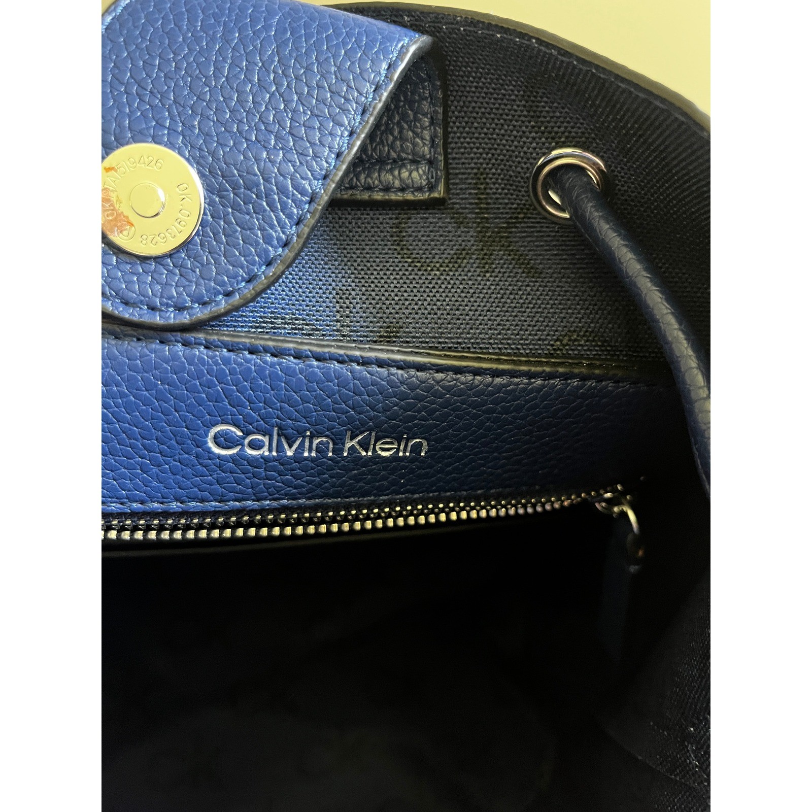 Calvin Klein Leather Bucket Bag Navy Blue Drawstring Everyday Chic Office Modern
