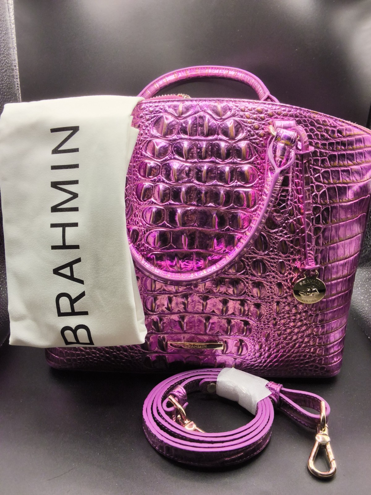 NWT Brahmin Duxbury Opera Melbourne Satchel Bright Hot Metallic Pink Purple