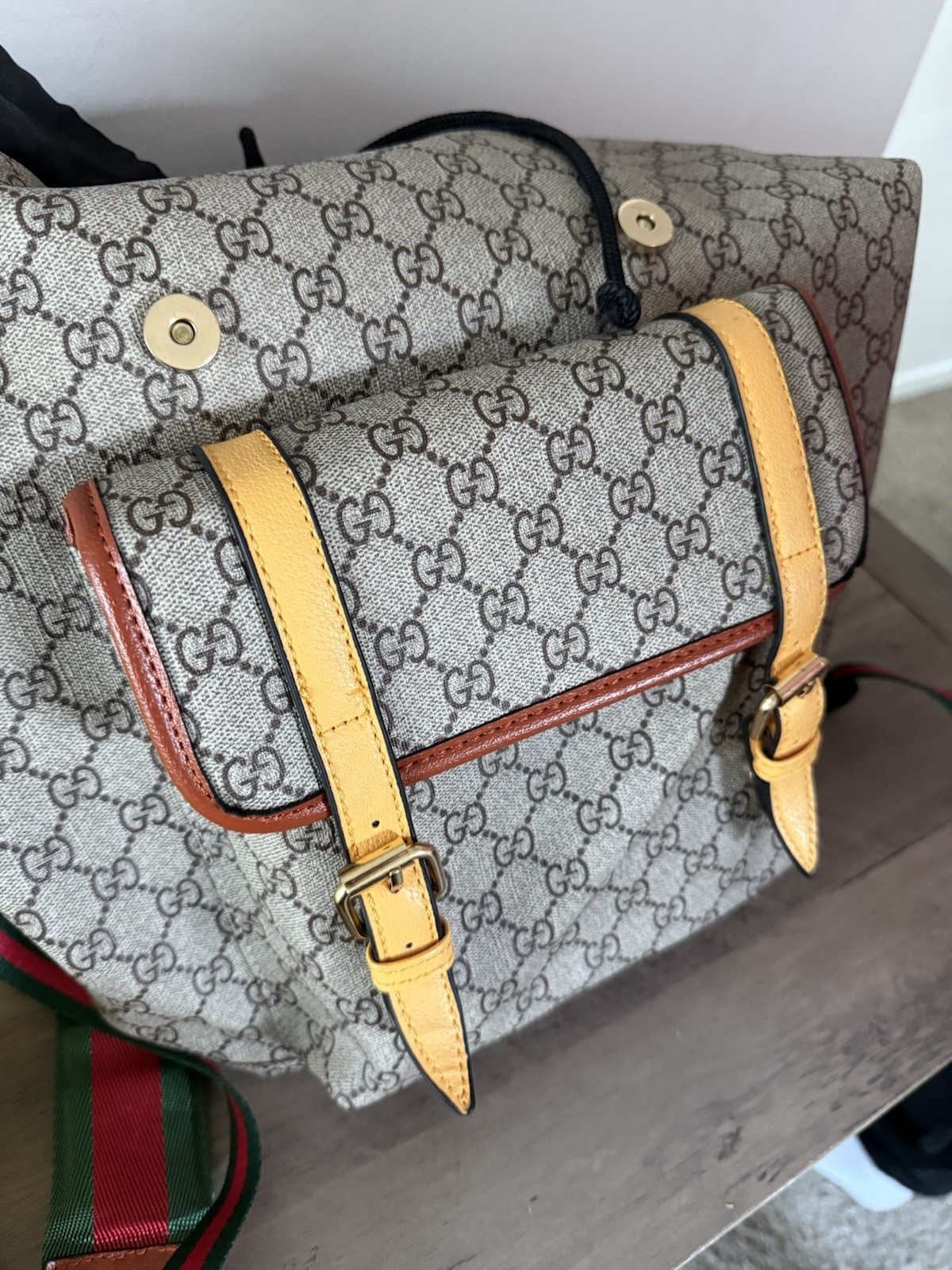Gucci GG Pattern Backpack Buckle Closure Green/Red Web Straps Beige/Brown
