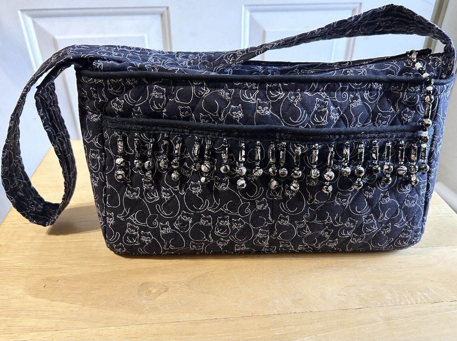 Cat Novelty Purse Beaded Fringe Black White Alma Mitchell Whimsigoth Kittycore