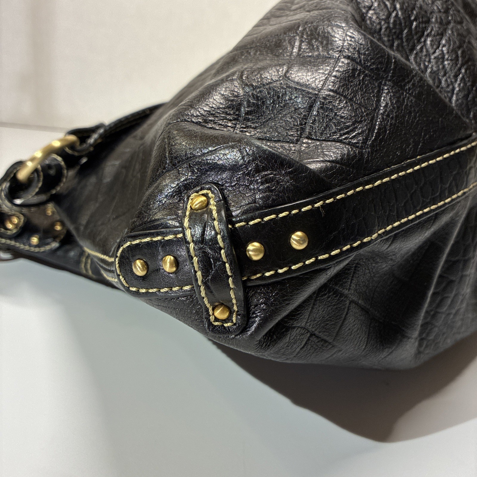 Maxx New York Black Leather Croc Slouchy Chunky Hardware Studded Shoulder Bag