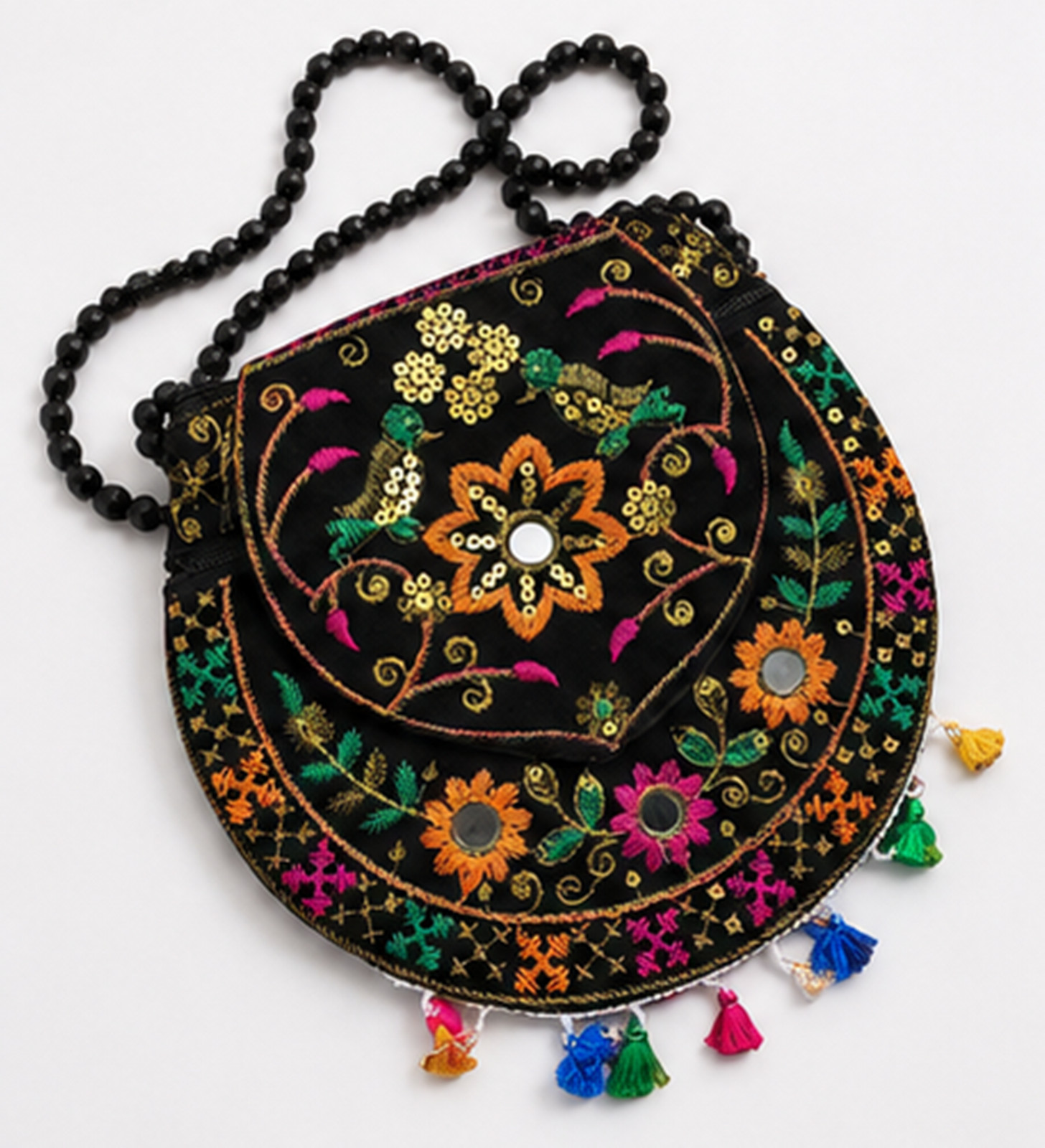 Handmade Black Embroidered Boho Crossbody Bag, Floral Mirror Work Shoulder Purse