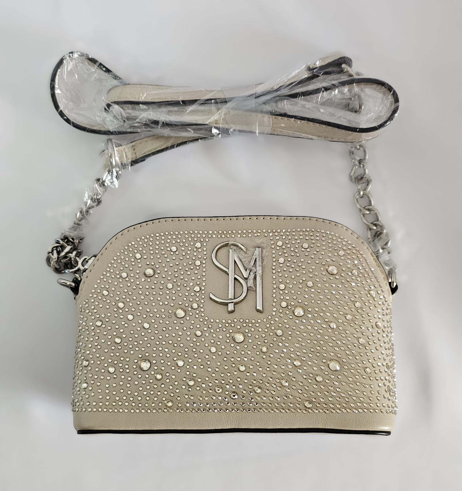 Steve Madden Women’s Rhinestone Studded Crossbody Shoulder Bag Beige 8” New