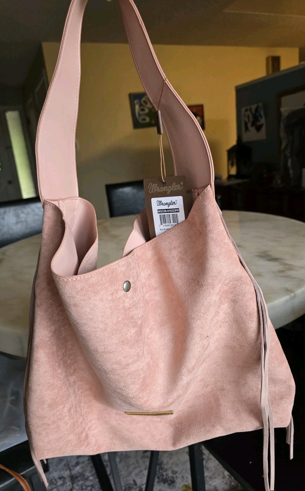 NEW! Wrangler Large Dusty Rose PINK Suede Fringe Leather Hobo Bag Western Boho