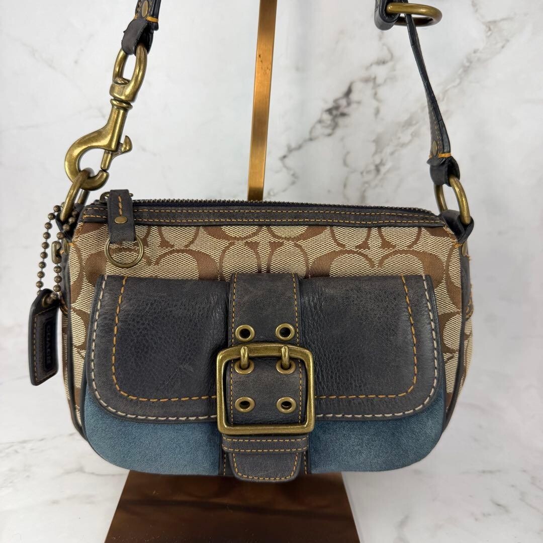 Coach Soho Signature Blue Brown Canvas Suede Buckle Shoulder Bag 7061 Y2K