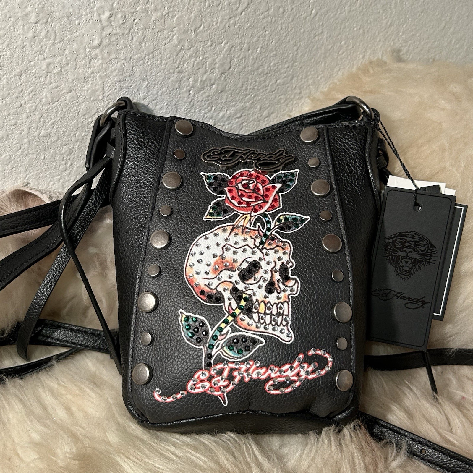 NWT Ed Hardy Studded Mini Crossbody – Black – Sparkling Skull & Rose