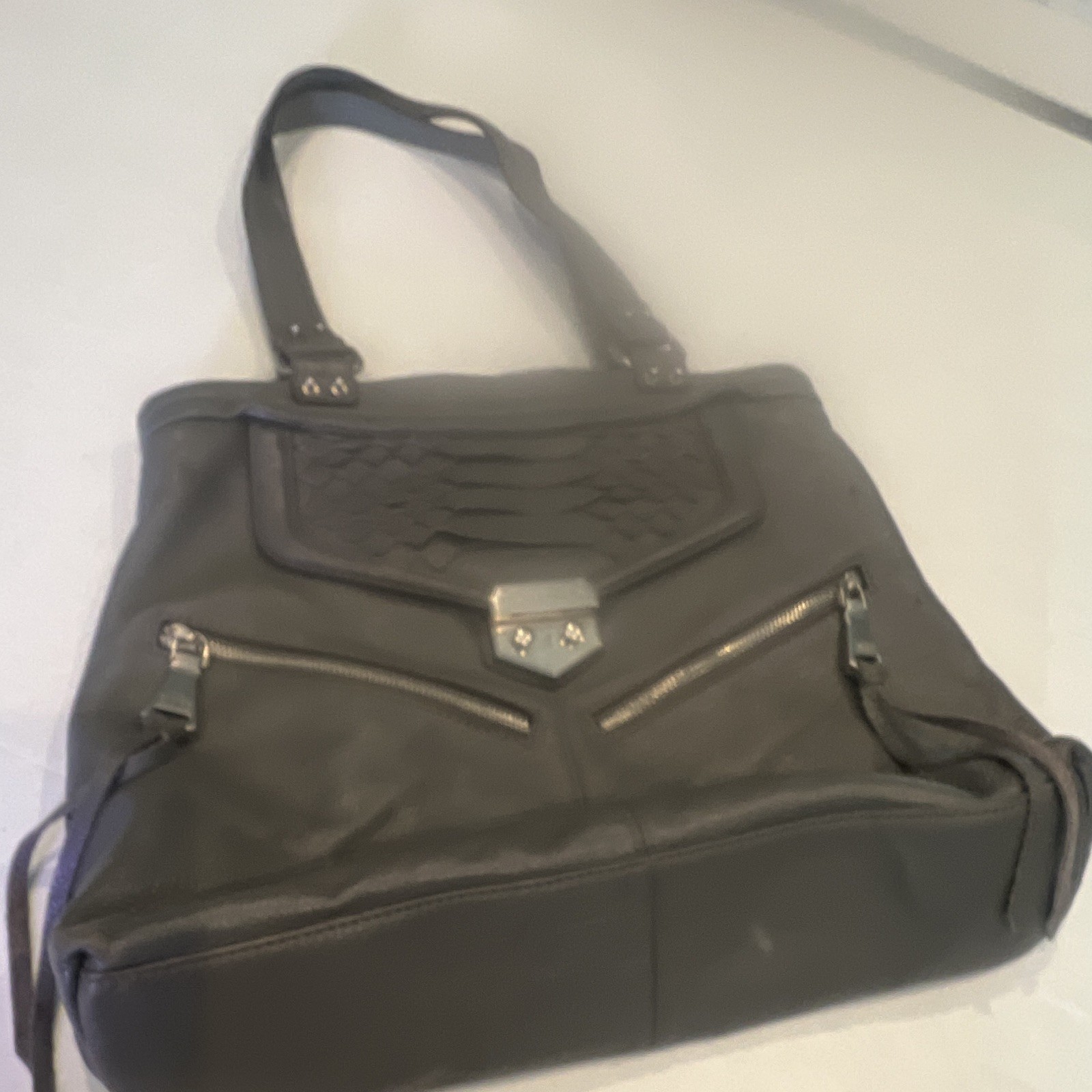 Dark gray Shoulder Bag Silver Hardware Beige Lined Magnetic Inner Pockets