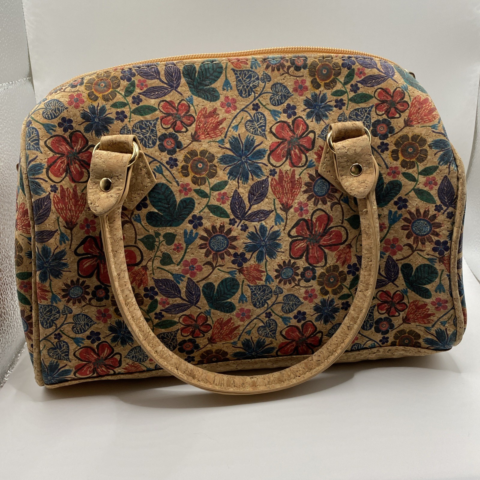Floral Print Cork Purse. Crafted From A Lightweight Natural Cork Zipper Closure.