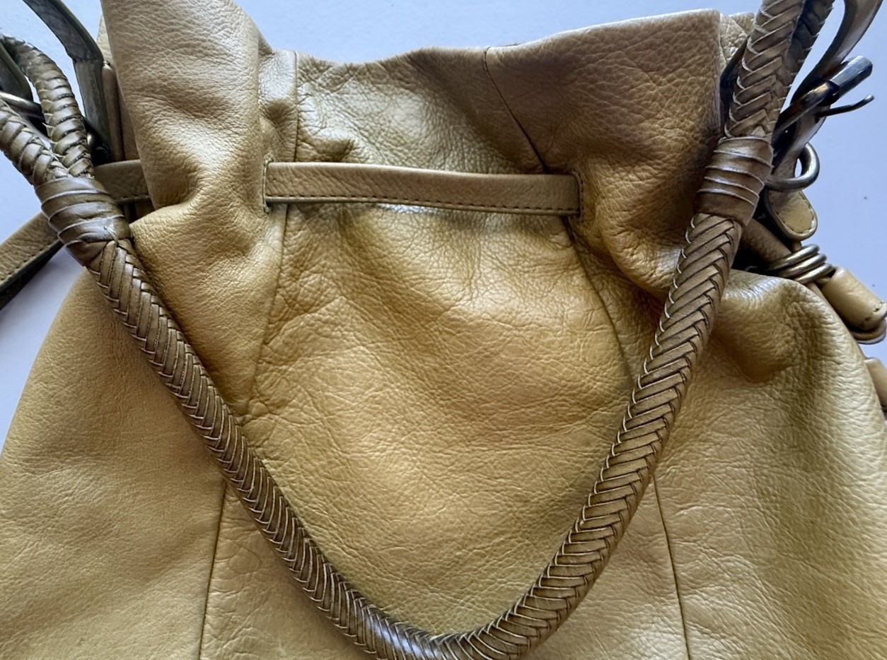 Elliott Lucca Olive Pebbled Soft Leather Hobo Shoulder Bag Woven Handle Boho