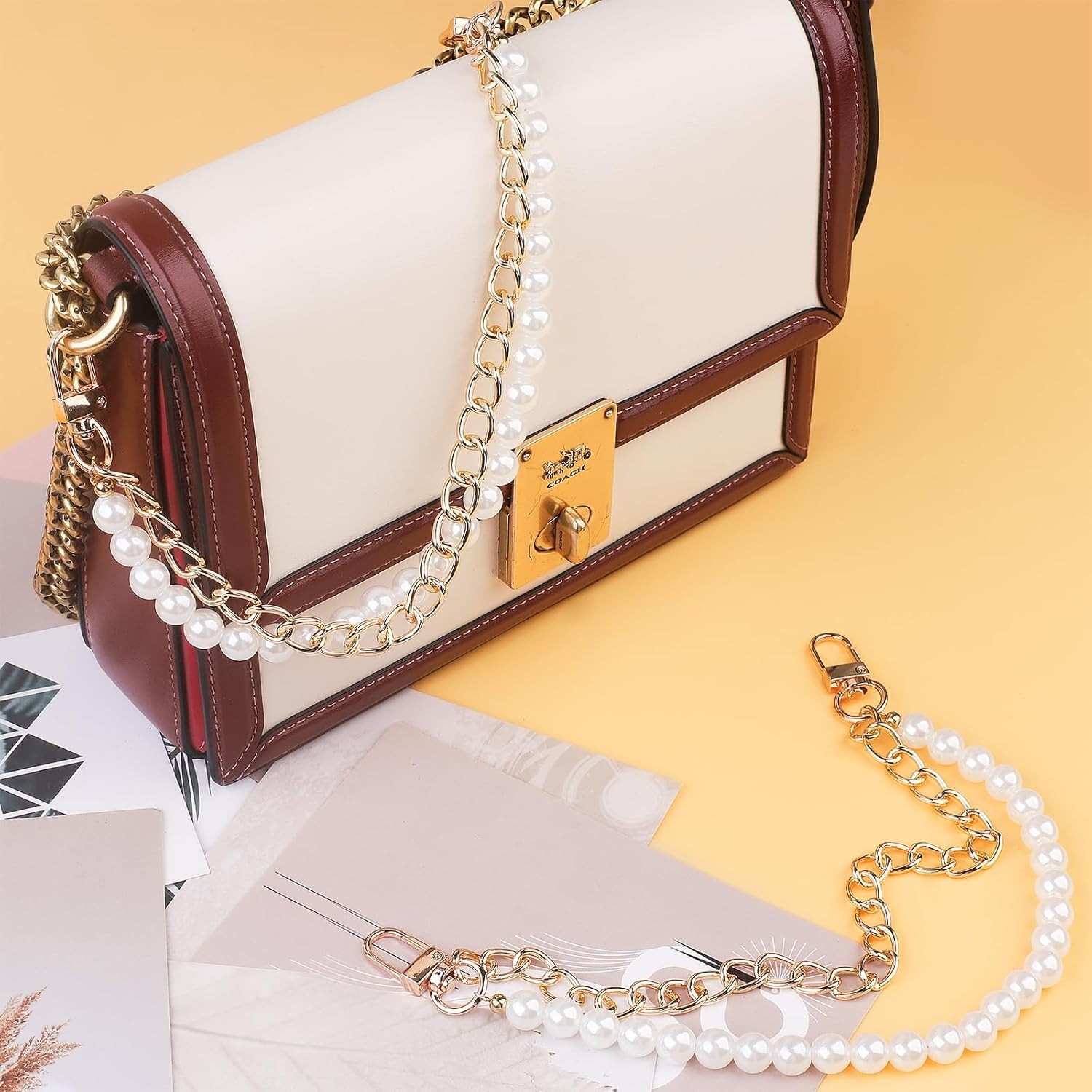 Stylish 12 Inch Bag Chain with White Pearls & Gold Links – Must-Have Charm