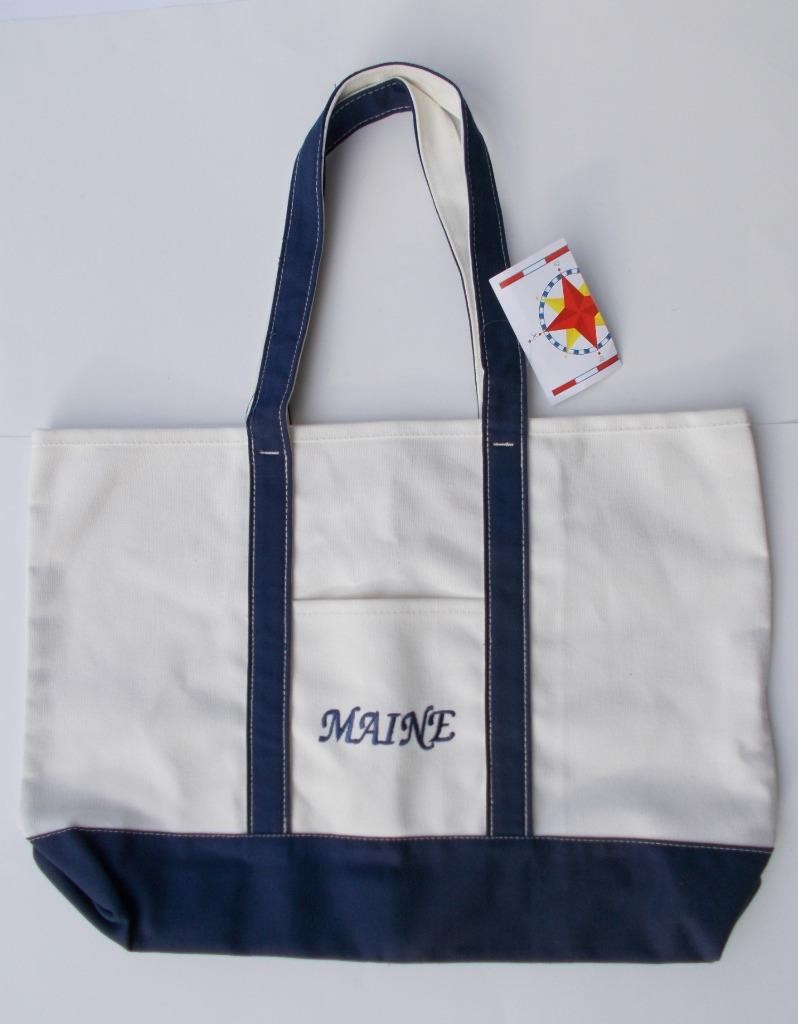 Large Canvas Tote Open Top Navy Blue Handles, Bottom and MAINE Front Pocket