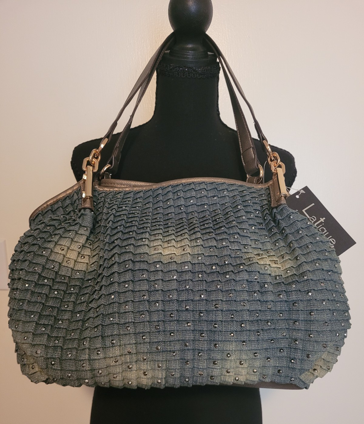 LaLique Denim Studded Shoulder Bag Zip Pockets Bronze Straps Gold Hardware