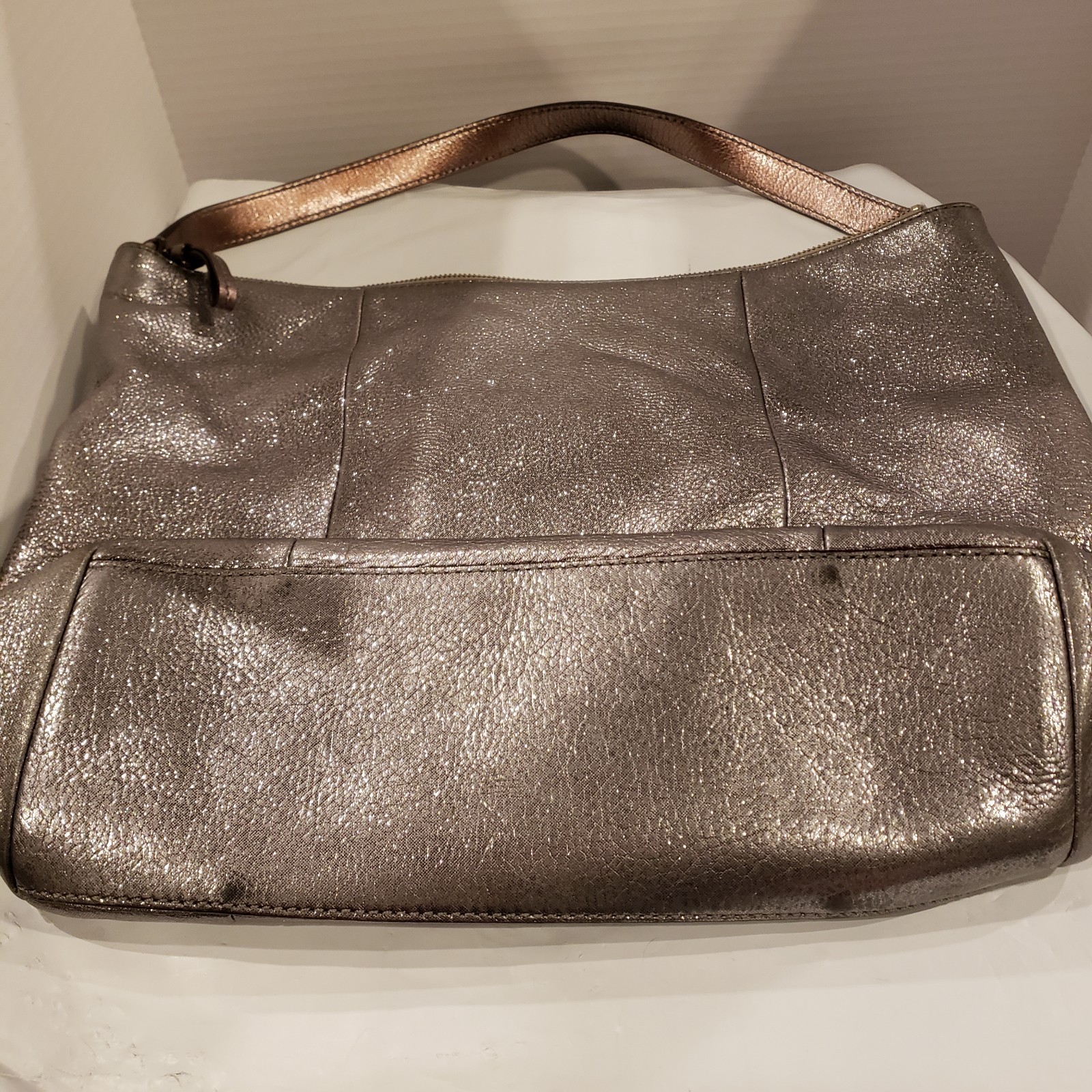 Kate Spade Pebbled Leather Shoulder Hobo Bag Sparkling Silver 12″H X 13″W