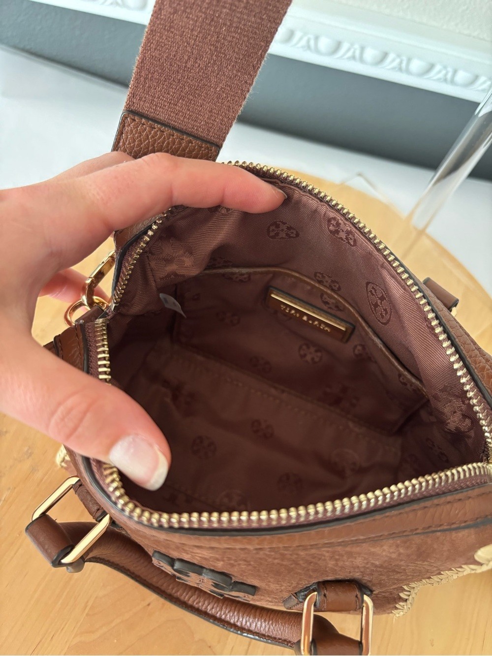 Tory Burch Thea Whipstitch Grizzly Brown Leather Crossbody Mini Satchel Bag