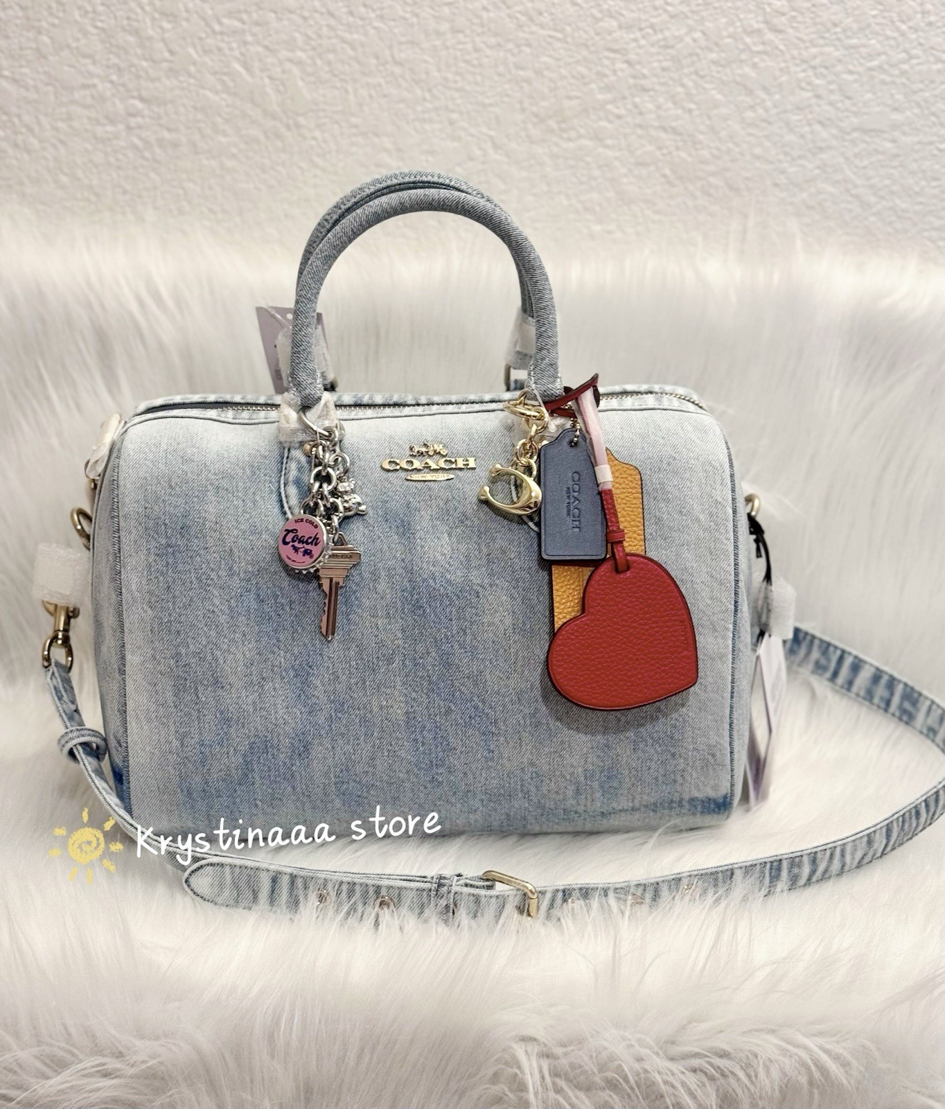 NWT Coach CDY75 Rowan Large Satchel Bag In Loved Denim With Charms Light Indigo