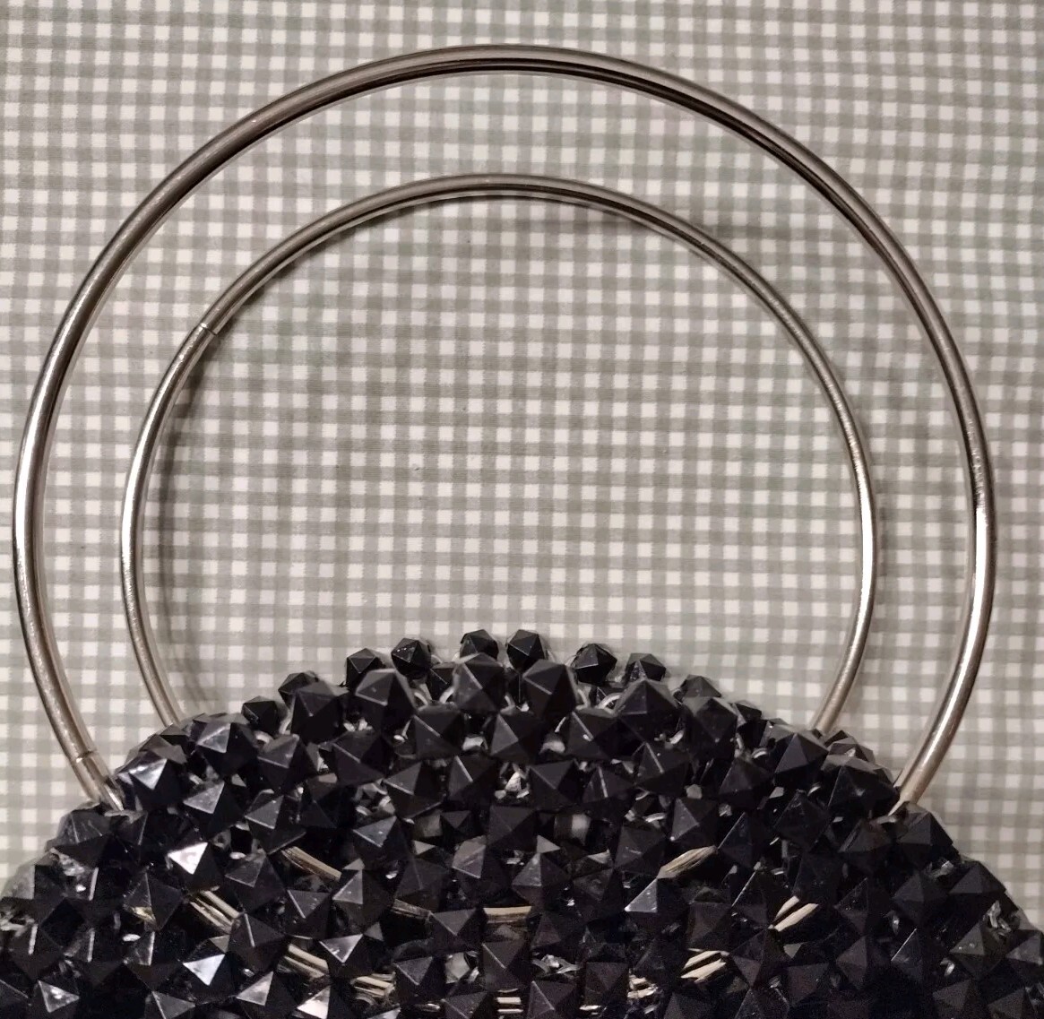 Handmade Beaded Purse Black Round Chunky Metal Handle Removable Pouch Unique New