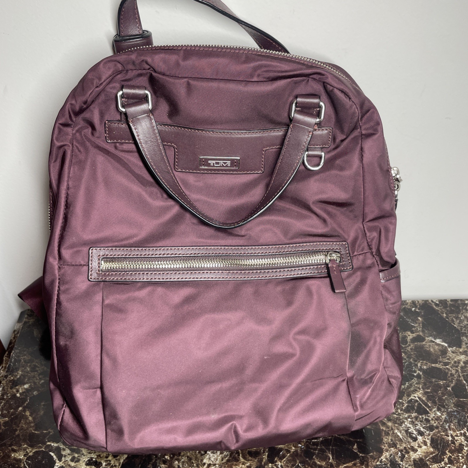 Tumi Ascot Convertible Backpack Bag Plum Nylon Lightweight Travel Leather