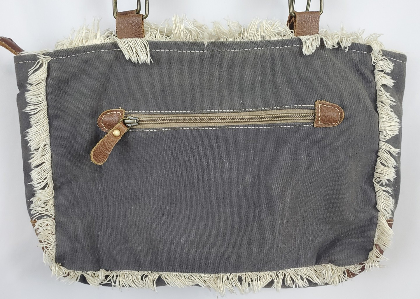 Myra Bag Scroll Print Canvas Fringe Buffalo Leather Cowhide Hair Zip Closure