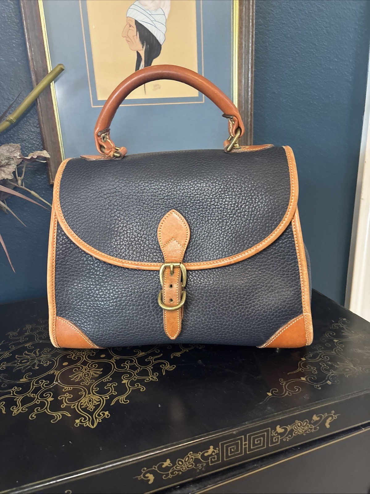 Vtg R48 Dooney And Bourke Blue Leather Large Carpet Bag Satchel 11x9x5 Inches