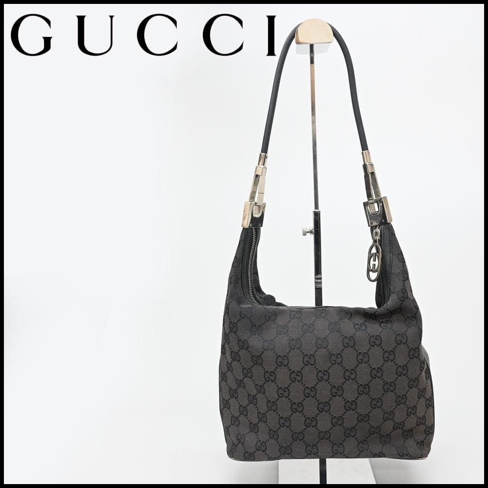 GUCCI GG Canvas Shoulder Bag Black Interlocking G Logo Zip with Strap 0013614