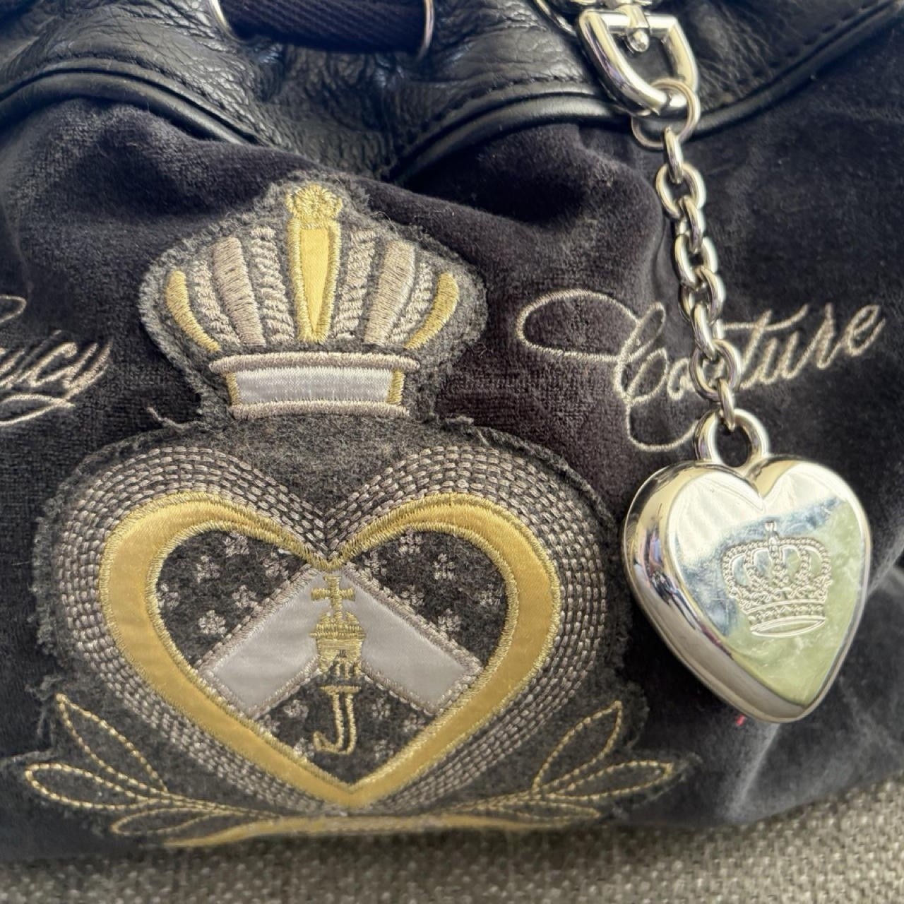 Juicy Couture Black Satchel Logo Embroidered Crest Drawstring Zip Heart Charm