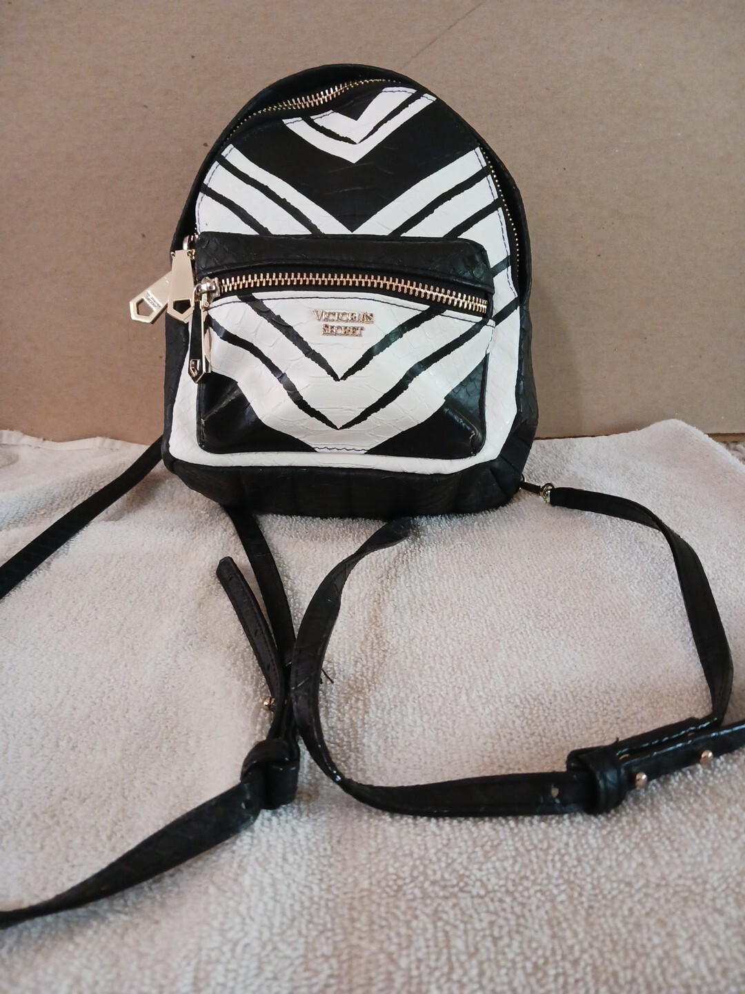 VICTORIAS SECRET MINI BAG BACK PACK. 9 INCH STRIPED BLACK /WHITE