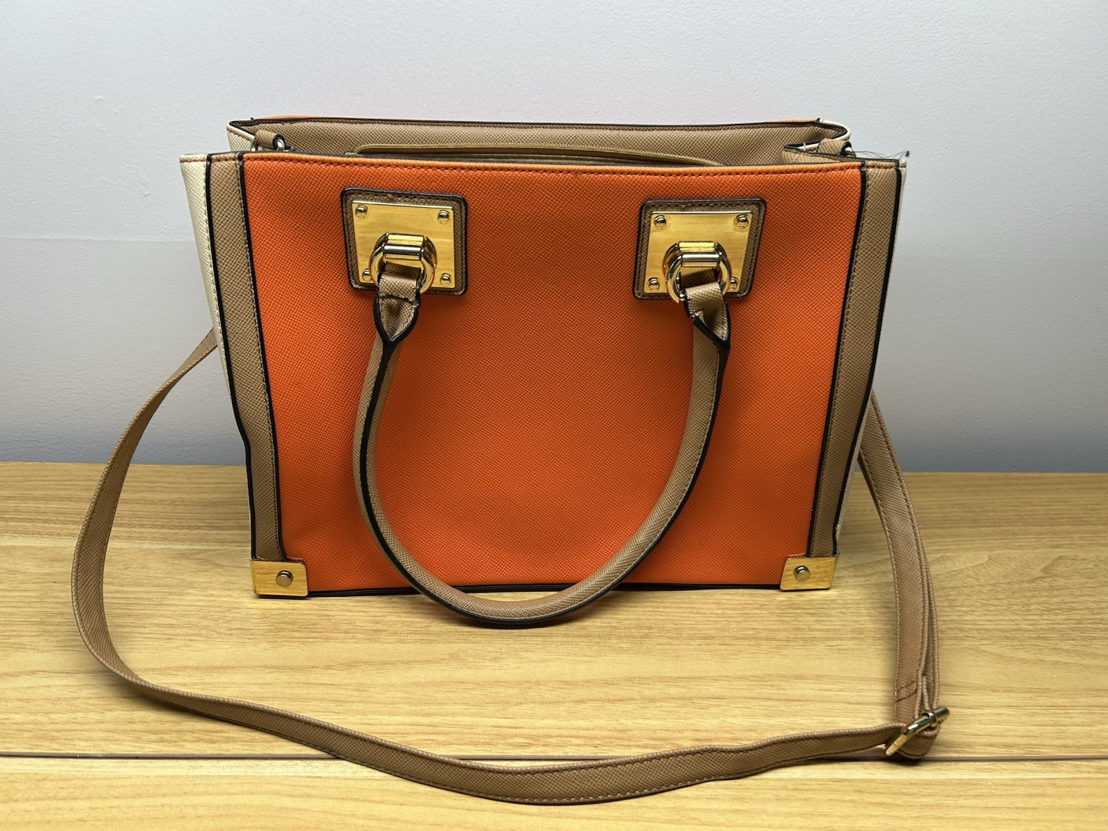 ALDO Orange ,Cream and Beige Top Handle Bag/ Crossbody Gold Hardware