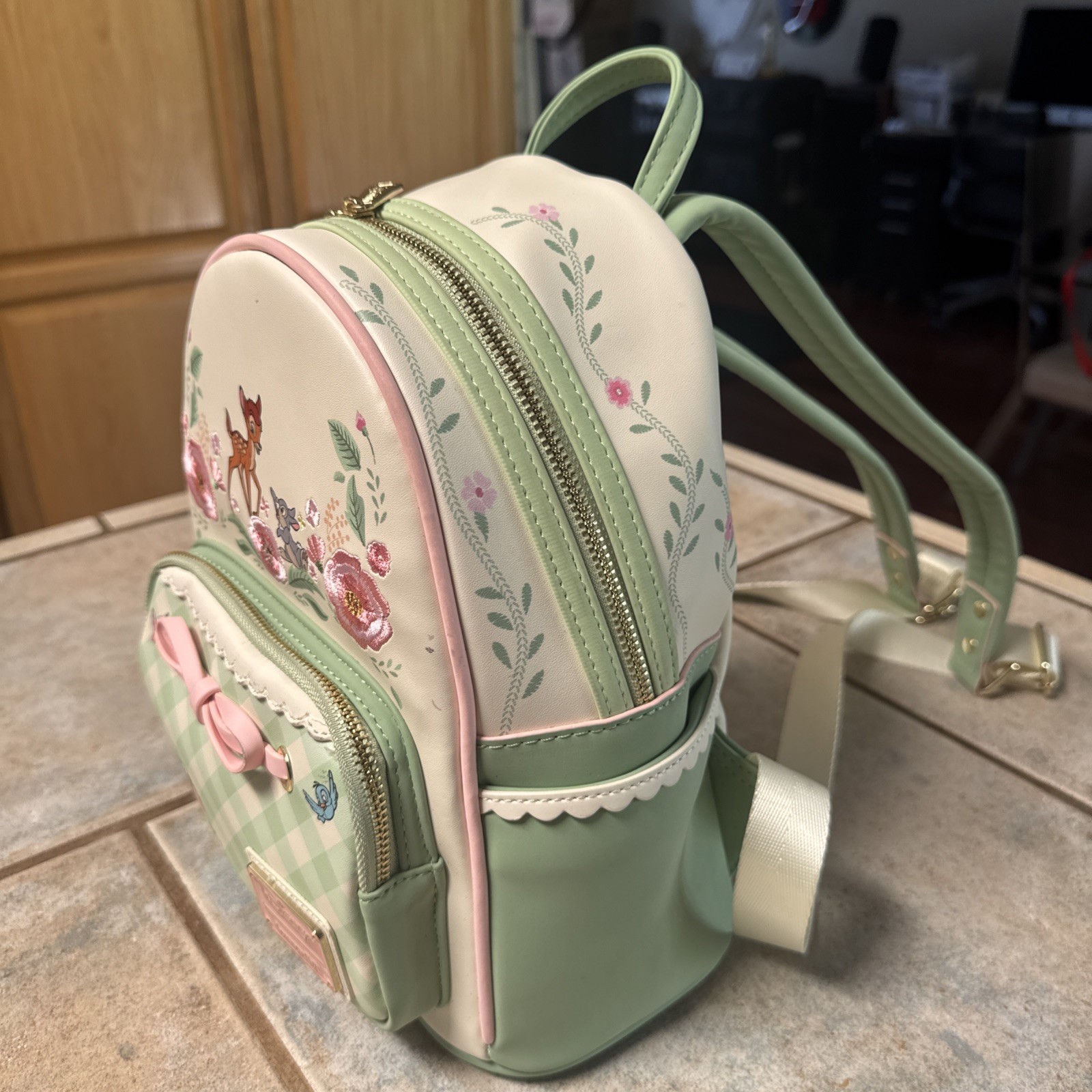 Disney Loungefly Bambi Spring Flowers Gingham Mini Backpack Green Pink Cream