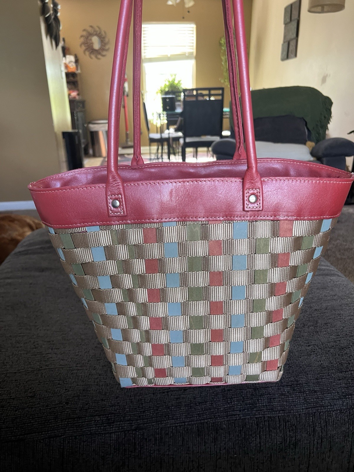Longaberger Pink Woven Tote signed Lined Leather Double Handles Inner Pockets