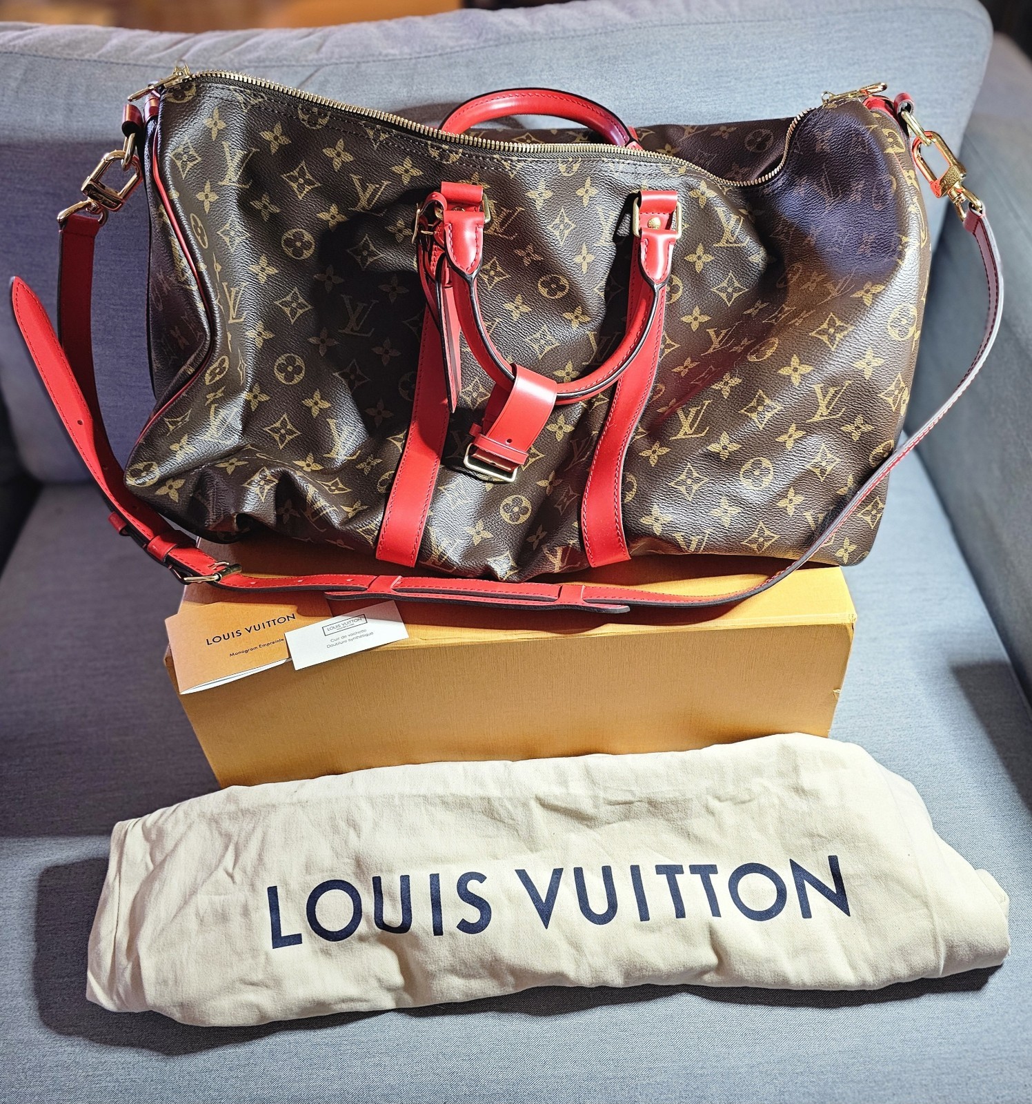 Louis Vuitton Monogram Keepall Bandouliere 50 Red Trim Lock & Key Dust Bag