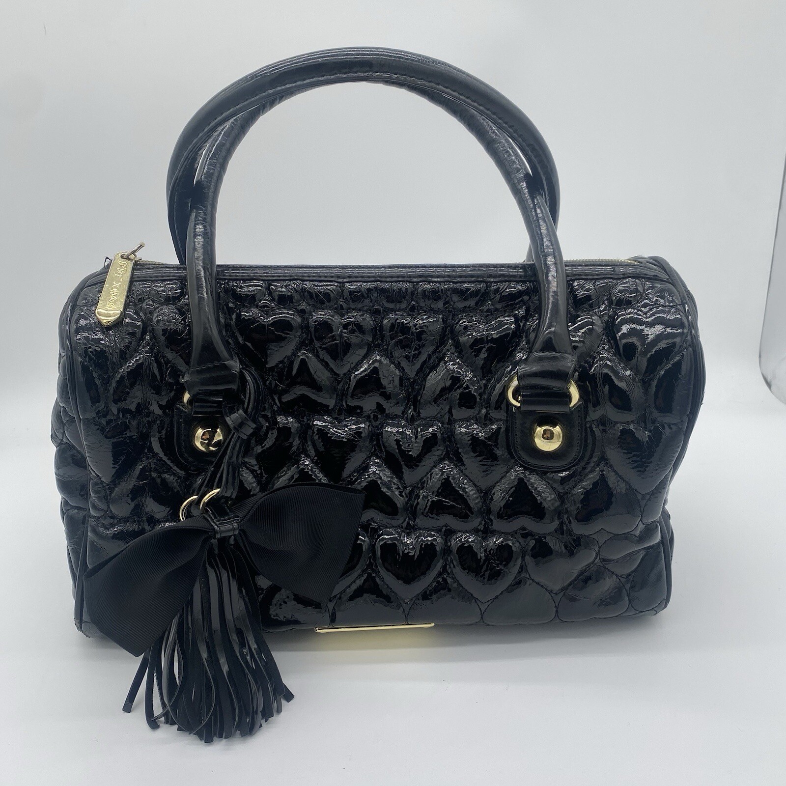 Betsey Johnson Bag Quilted Black Patent Leather Heart Be Mine Handbag Hobo Purse