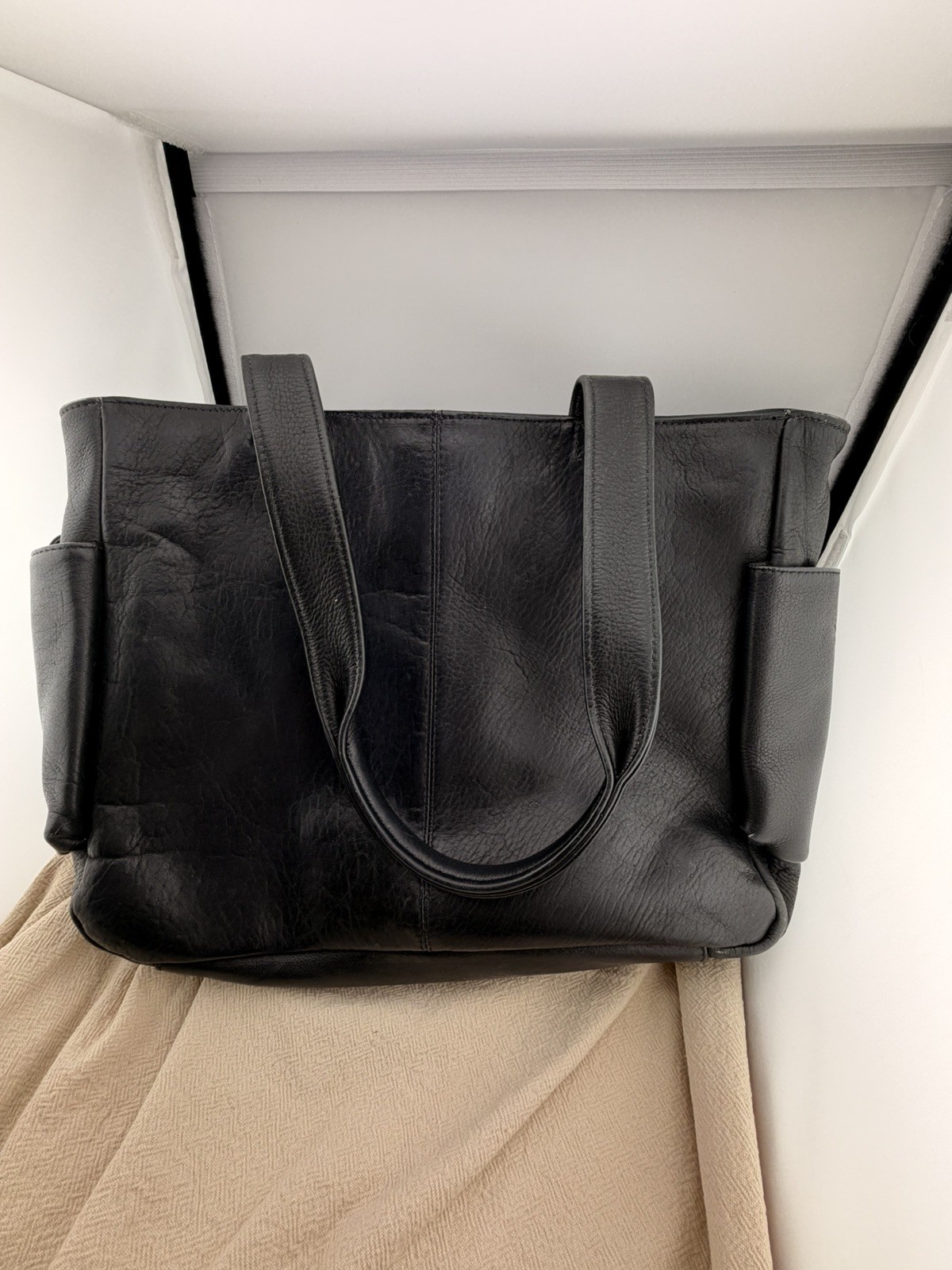 FRYE Black Leather Tote Bag Large Shopper Shoulder Purse Side Pockets
