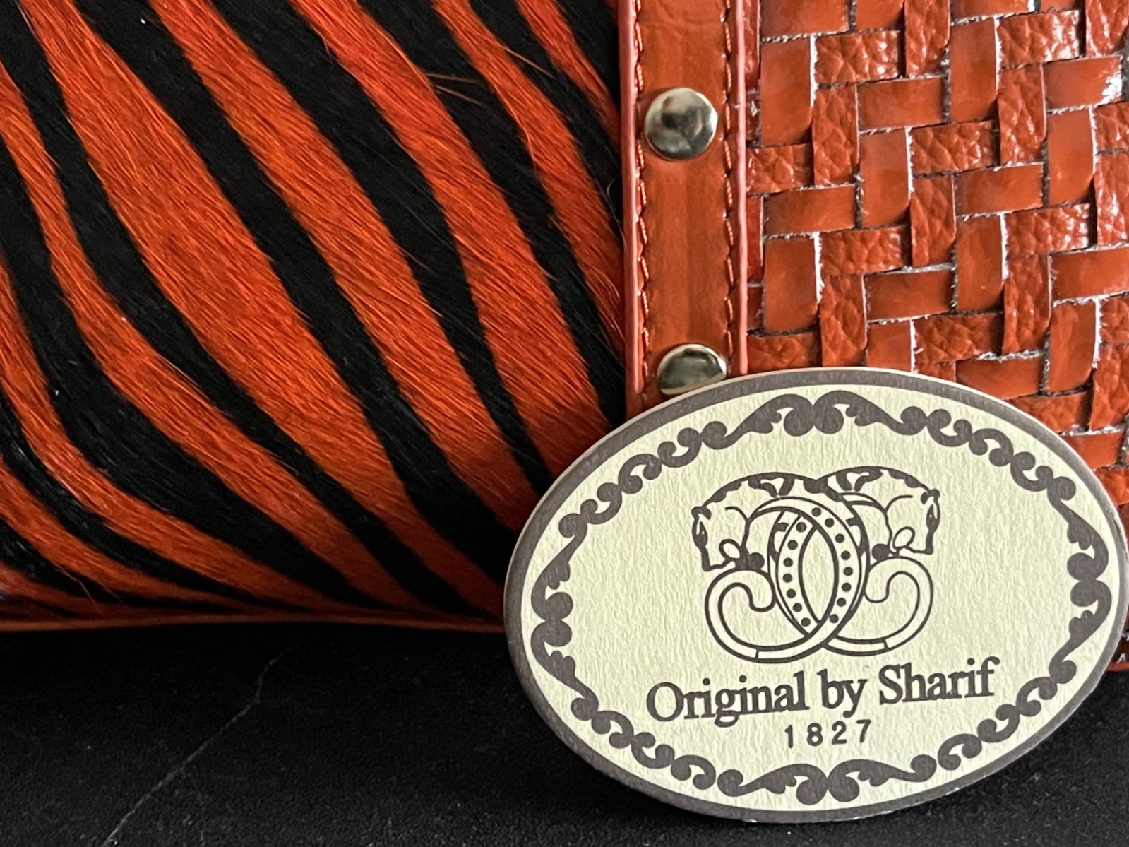 NWT Vtg SHARIF 1827 Orange Zebra Print Crossbody Bag Deadstock Cowhide Woven NEW