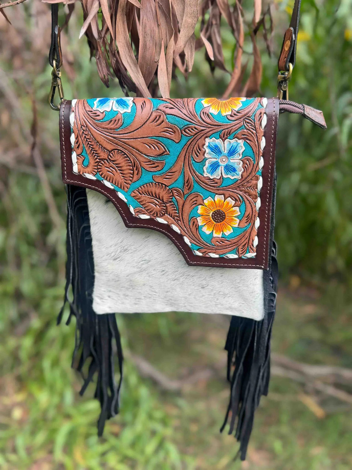 Genuine Leather Tooled Hair-on Genuine Leather Western Women Bag Handbag Purse