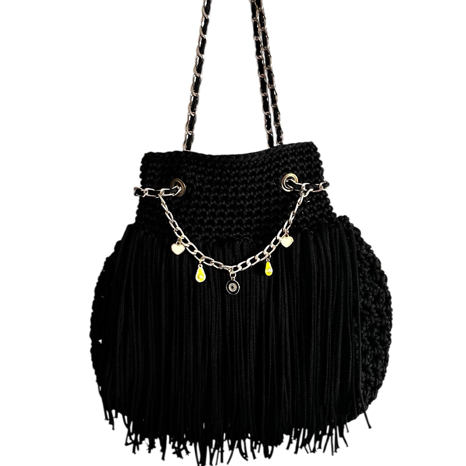 Black Yarn Handmade Knotted Knit Shoulder Bag Fringes With Chain Strap