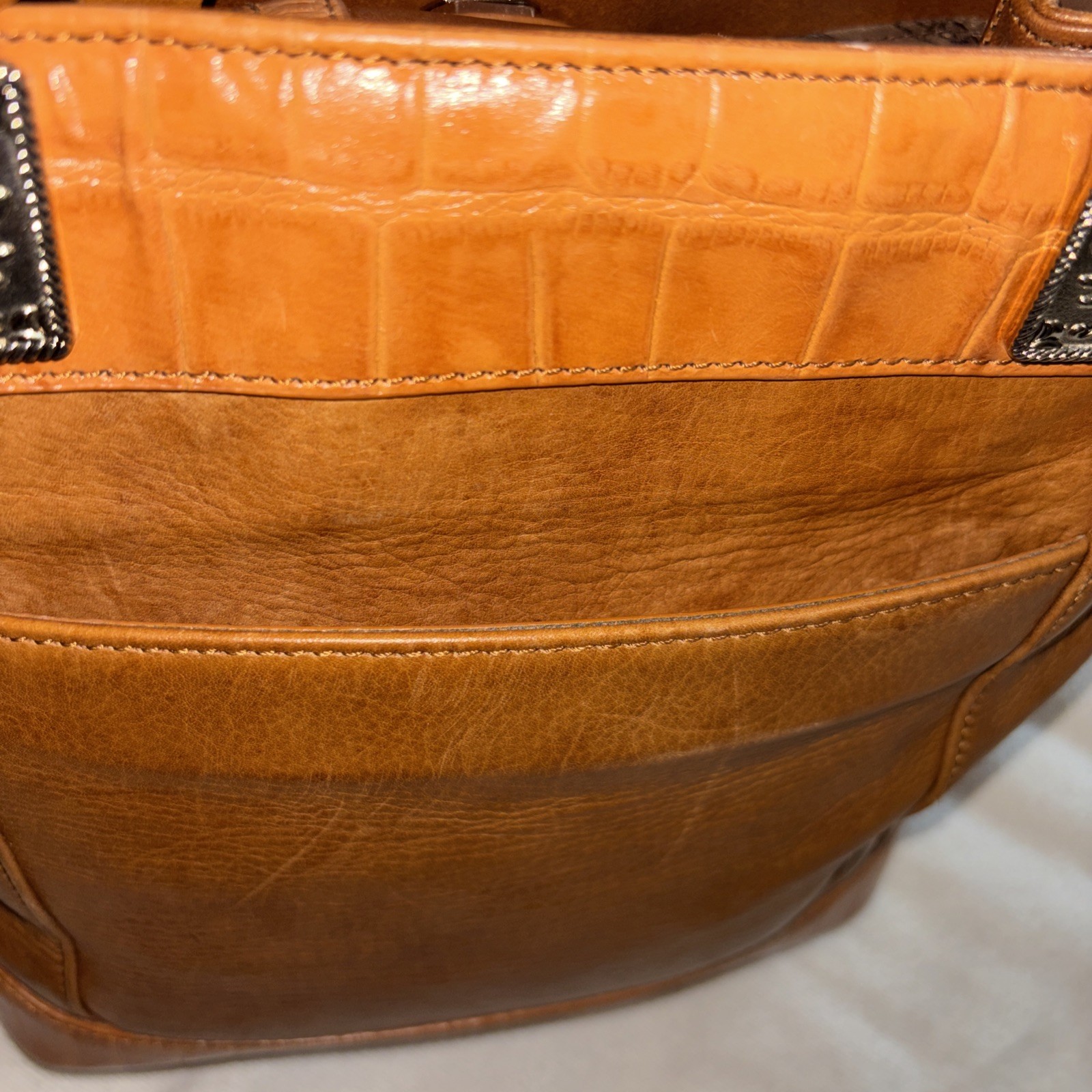 M.C. Boho Leather Shoulder Bag Tan Cognac Braided Handle Silver Medallions