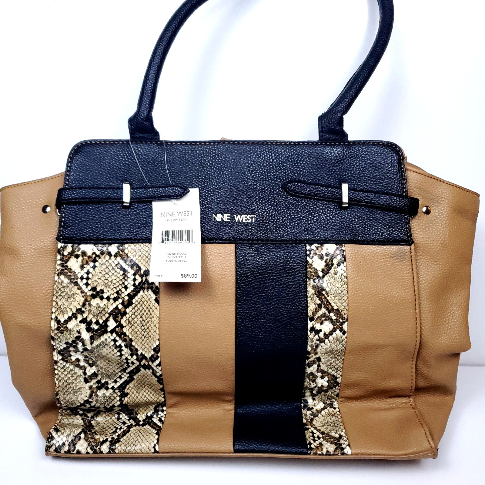 Nine West Tote Satchel Bag Tan Camel Black Snakeskin Animal Print Colorblock