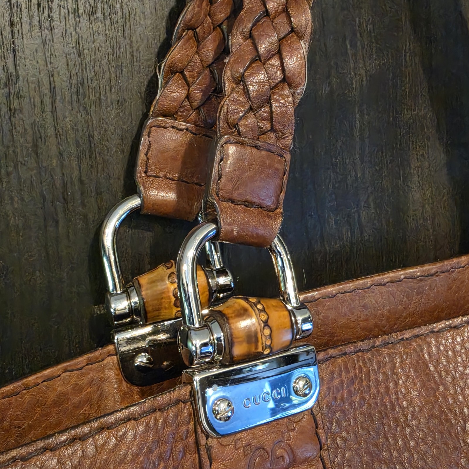 Gucci Brown Pebbled GG Pattern Shoulder Bag Braided Top Handle Silver HW