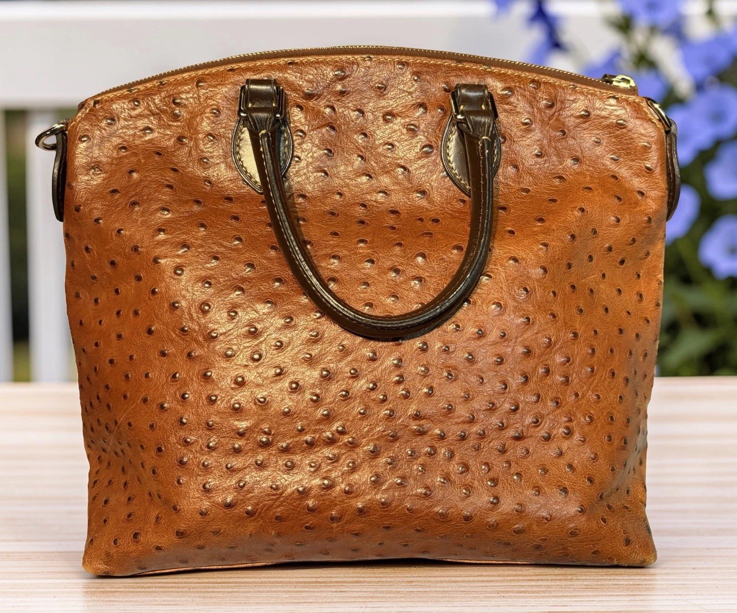 Dooney Bourke Chestnut Brown Ostrich Embossed Leather Front Pocket Satchel Tote