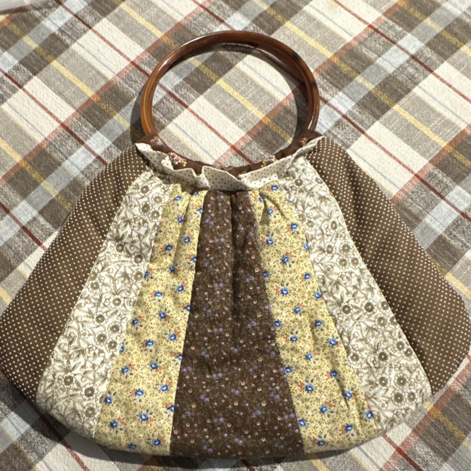 1970’s Patchwork Bag Brown, Off White Ruffle, Berrini Fabric Pattern (See Cat)