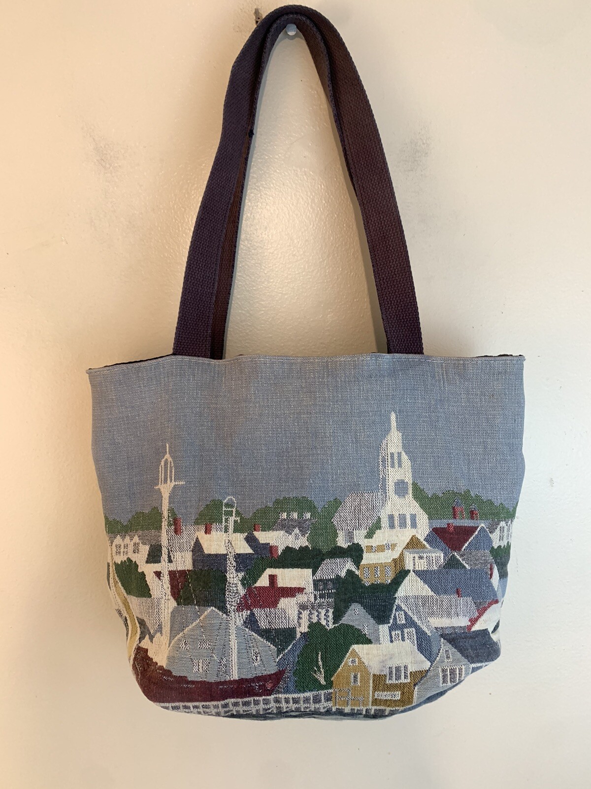 Vintage Blue Beach Harbor Town Sail Boats Tapestry Bag 14 inch