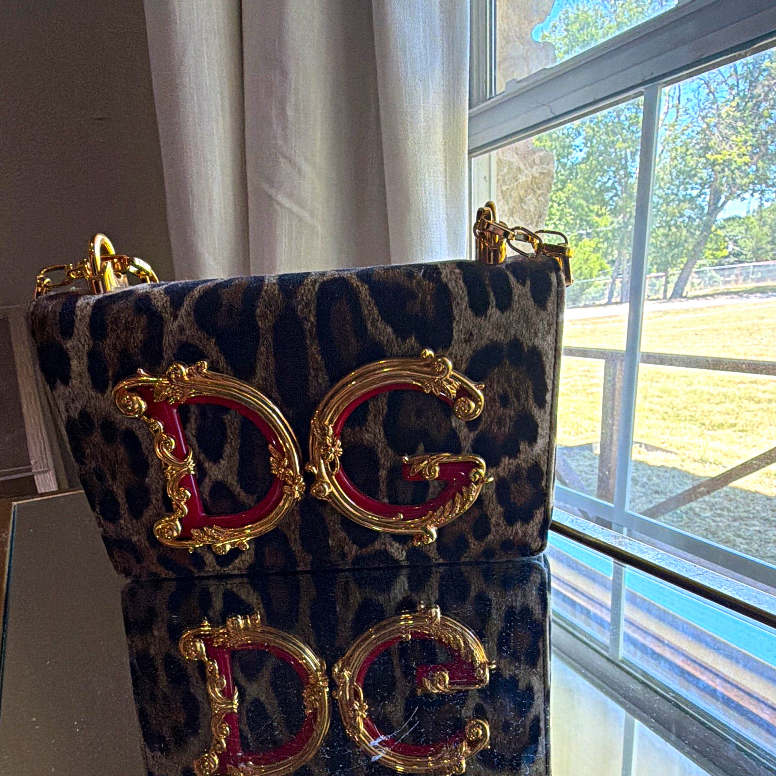 Dolce&Gabbana Leopard Animal Print DG Logo Crossbody Bag Gold Chain Strap