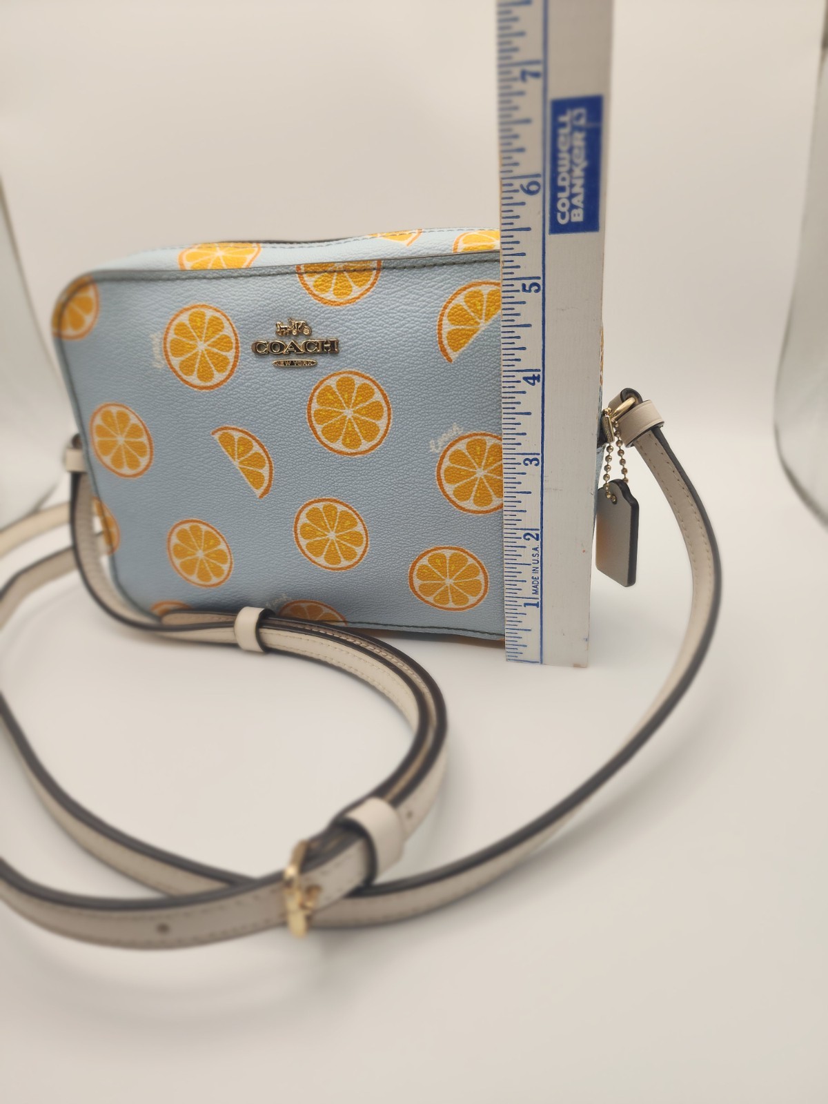 Coach Orange Slice Citrus Mini Camera Crossbody Handbag Purse Blue Orange
