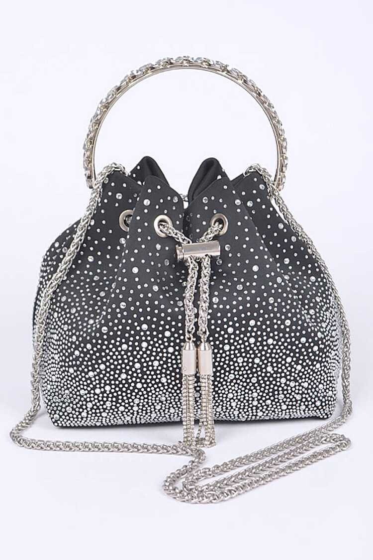 Rhinestone Satin Top Handle Bucket Evening Bag