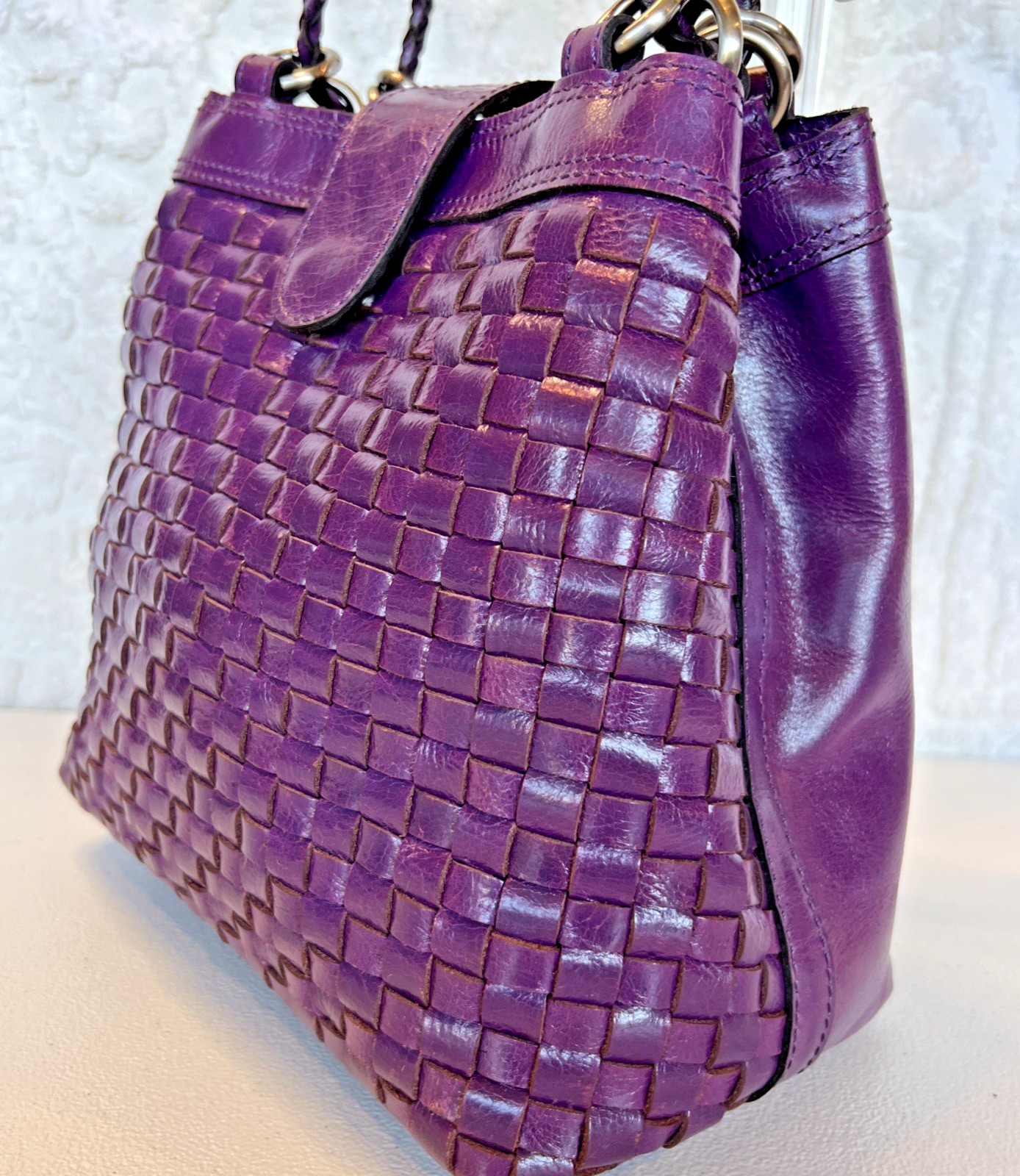 Patricia Nash Iverna Woven Leather Bucket Bag Plum Jam Italian Leather EUC