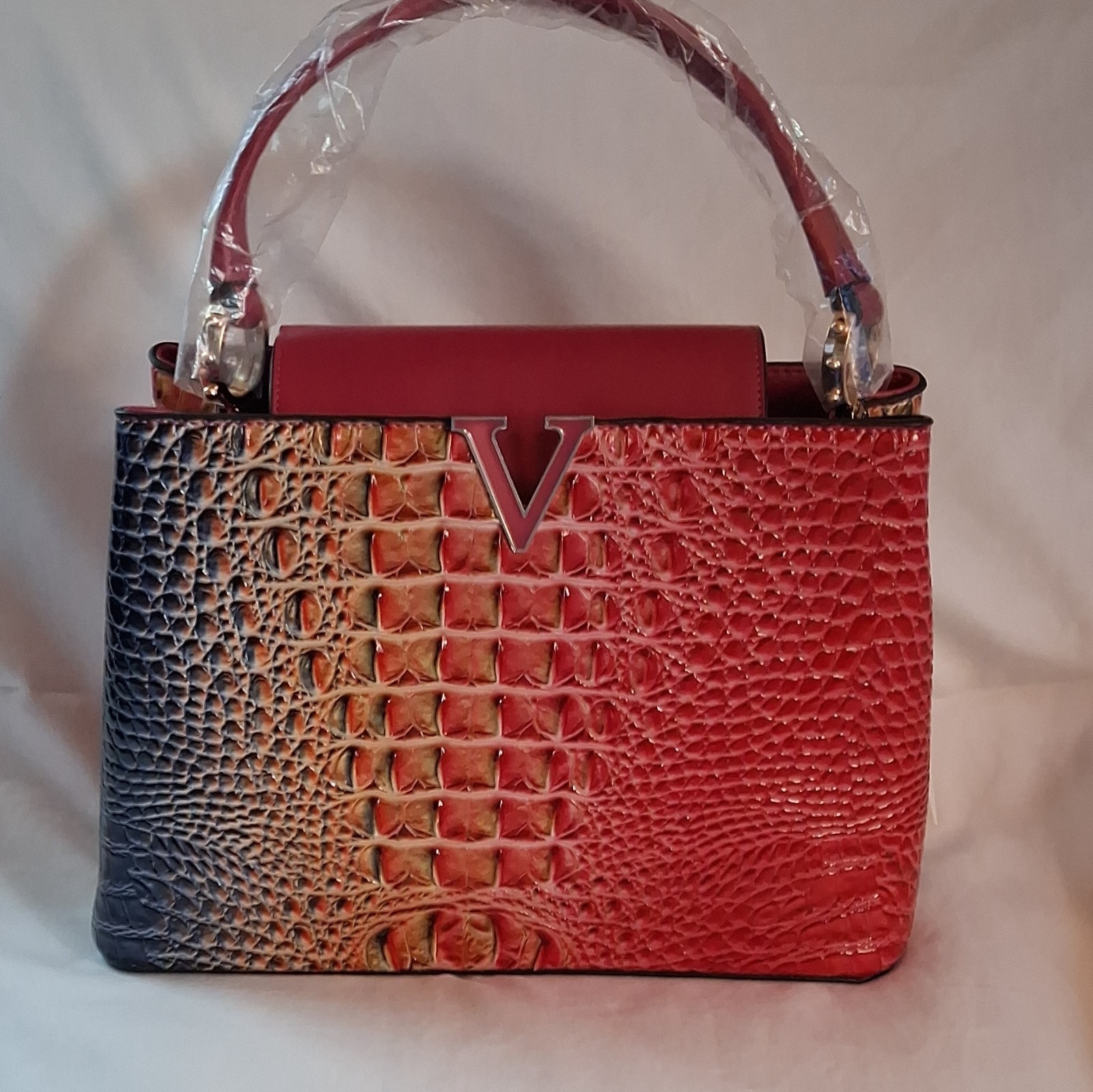 2 Pc Set Women’s Croc Embossed Colorblock Satchel Top Handle Detach Strap Wallet