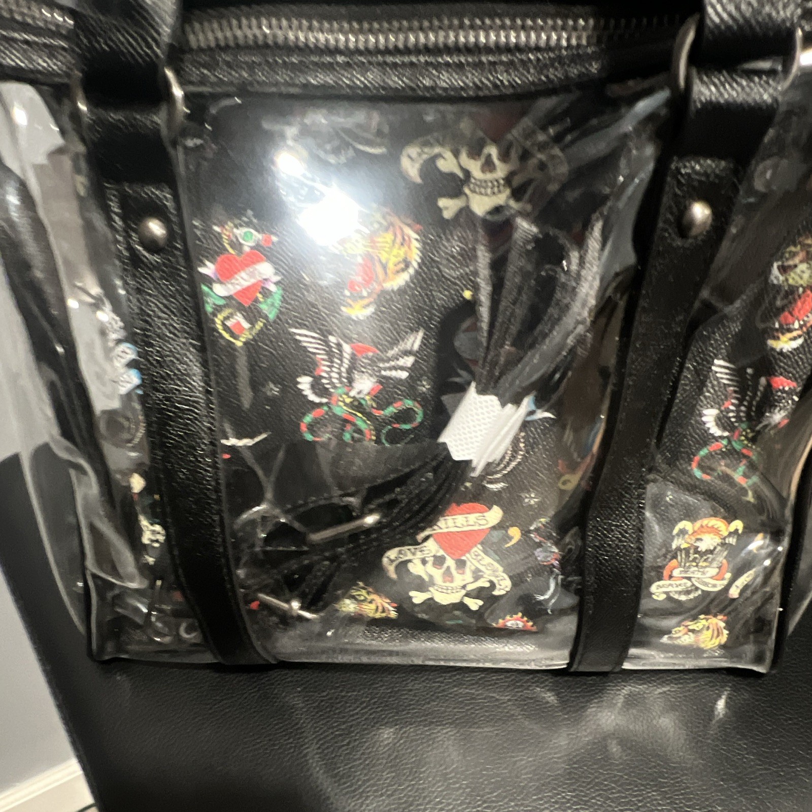 Ed Hardy Clear/Black Large Tote Zip Top w/ Detachable Strap & Tattoo Pouch