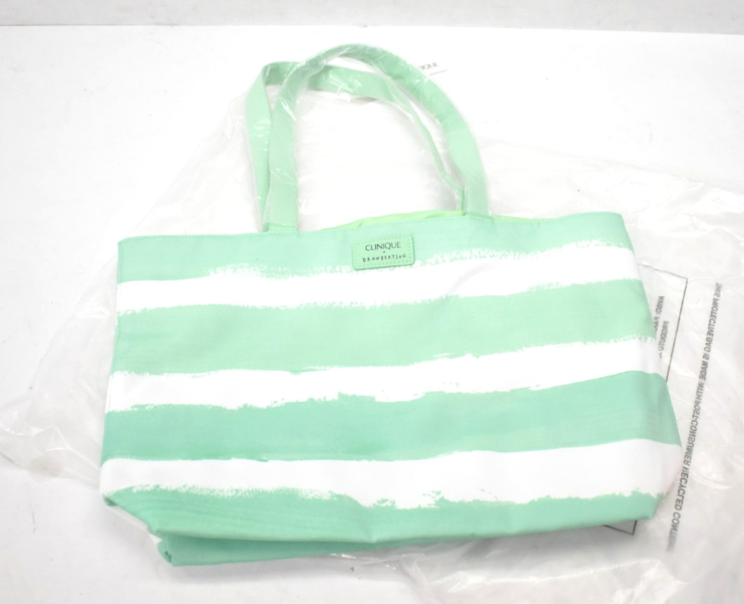 Clinique x Drawbertson Spring Travel Tote Bag Mint Green/White Lined Design